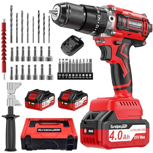 SundpeyPRO 120Nm Akkuschrauber mit Schlagbohrfunktion, 21V Bürstenloser Schlagbohrschrauber mit 2x4Ah Akkus, Kompatibel mit Makita 18V Akku, 20+3 Drehmomentstufen Bohrmaschine, 13mm Bohrfutter, 2 Gang