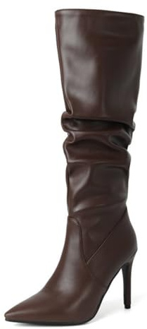 Stivali Alti Fino Al Ginocchio Da Donna, Eleganti Stivali Lunghi in PU Con Effetto Plissettato E Punta Affusolata Scarpe Slip-On Con Tacco A Spillo Alto Taglie Forti,Marrone,42 EU