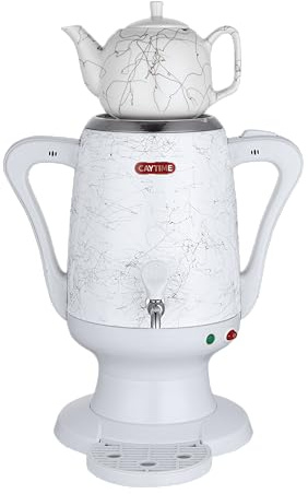 Caytime Samowar 3,5 L Semaver Edelstahl – Teekocher mit weißer Keramikkanne/Elektrischer Samowar im modernen Design