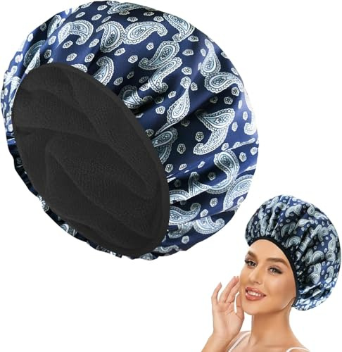 Gorro de Ducha, Gorro de Ducha Impermeable con Forro de Microfibra, Gorros de Ducha para Mujeres, Extra Grande Reutilizable para Cabello Largo, Azul