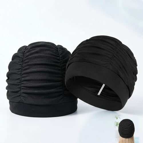 Bonnet de Bain Femme [Lot de 2] - Bonnet de Natation en Tissu Noir Élastique pour Cheveux Longs Respirant pour Piscine Plage et Aqua-Gym Taille Universelle Noir