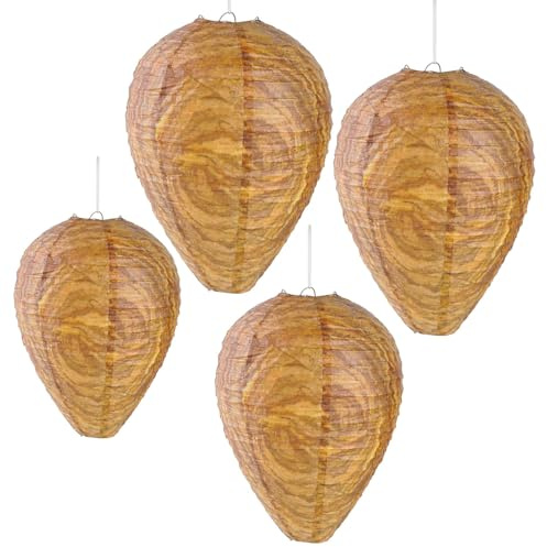 4 Pezzi Nido di Vespe Esca, Nido di Vespe Finto Appeso Nido di Calabroni, Anti Vespe e Calabroni, Finto Nido Artificiale di Vespe per Patio, Giardino, Veranda, Terrazza, Cortile, Esterni