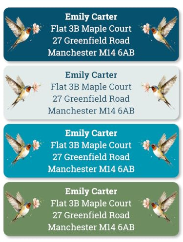 Personalised Return Address Labels, Custom Waterproof Address Stickers, Self-Adhesive Envelope Labels for Letters, Parcels & Invitations, Bird & Floral Design, Glossy or Matte Finish (30–500 Labels)