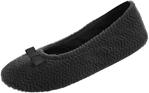 Isotoner Damen Zickzackmuster Mikrofrottee Ballerina Hausschuhe Ballett flach, Schwarz (schwarz), 36.5/37.5 EU