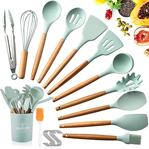 SaiXuan Utensili Cucina Set,Set di Utensili da Cucina in Silicone,Resistente al Calore con Manico Legno Antiaderenti da Cucina 12 Pezzi+12 S Ganci