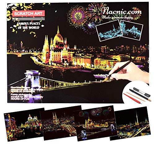 Nacnic Set di 4 Fogli di Carta con Sfondo colorato Arcobaleno da grattare. Scratchboard Serie Città (Venezia, Berlino, Budapest e Colonia). Regalo Creativo, Fai da Te per Adulti e Bambini.
