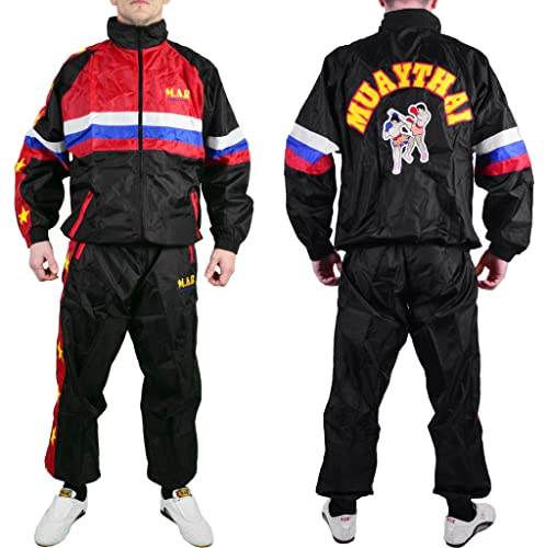 MAR | Martial Arts Muay Thai Tracksuit Mens Full Set, Mens Tracksuit Set, Mens Tracksuit, Tracksuit For Men, Retro Vintage Deluxe Full Tracksuit Zip Pockets - Black, Red, Blue & White (Large/180CM)