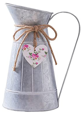 Vintage Galvanized Flower Jug Vase, Farmhouse Decorative Pitcher Vase, Rustic Metal Milk Jug for Flowers (Silver) …