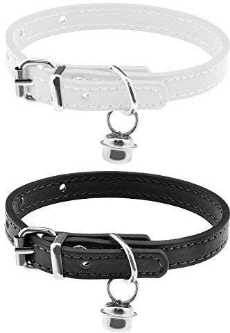 ECSiNG 2 collares de gato con campana de piel sintética, cómodos collares de gatito para 15-23 cm tamaño del cuello longitud ajustable suministros para mascotas pequeñas 1 cm de ancho blanco y negro