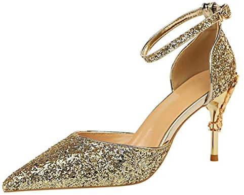 JOEupin Escarpins Stiletto sexy à bout fermé avec sangle de cheville à paillettes scintillantes 7,6 cm pour fête, mariage, soirée, doré, 40 EU