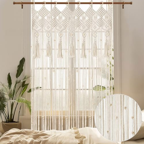 BECHAEO Boho Macrame Beaded Curtain Handmade Door String Curtain for Doorway Window Cotton Tassels Beads Hanging Hippie Room Divider Hallway Closet Bedroom Living Room Decor, 1 Panel 79 L x 35 W