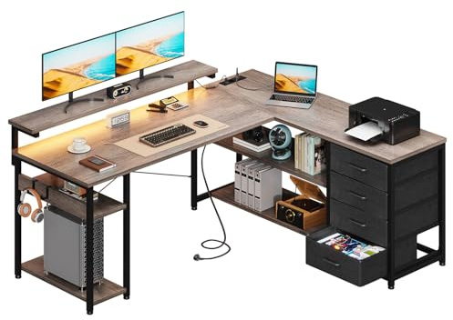 ODK Bureau d'angle Réversible avec Tiroirs, 135x110cm Bureau en L avec Prises, Ports USB, LED et Rangement pour Domicile, Chambre, Roble Gris