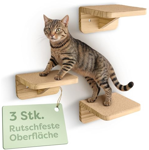 Knupis Mur d'escalade pour Chat Beige - 3 Escalier Mural pour Chat en Pin Fsc® - Non-tissé Antidérapant - Montage Facile - Charge Maximale Élevée Jusqu'à 30 Kg