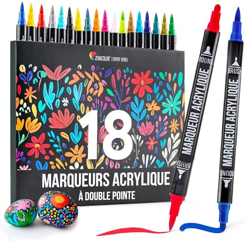 Zenacolor Rotuladores Acrilicos con Doble Punta (Punta Fina y Pincel) - 18 Colores únicos para Distintas Superficies y Obras de Arte - Rotuladores Acrilicos Permanentes