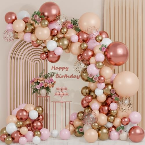Kit Arco Para Globos, 114 Piezas Decoracion Globos de Cumpleaños Arco Globos Rosas Dorados Rojos para Decoración Baby Shower Niña, Feliz Cumpleaños Mujer, Corona Cumpleaños 1 Año, Boda Bohemia