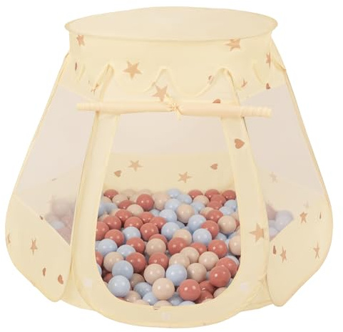 Selonis Tenda Per Bambini Da Gioco A Forma Di Castello Pieghevole Casetta Dei Giochi 105X90cm/100 Palline 7cm Per Giocare In Interni Ed Esterni, Beige Chiaro: Beige Pastello/Blu Pastello/Salmone