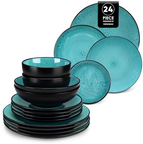 vancasso Bubble Green Dinner Set, 24 Pieces Dinner Sets for 6 People, Reactive Glaze Plates and Bowls Set in Vintage Look, Include Dinner Plates, Dessert Plates, Pasta Bowls and Soup Bowl