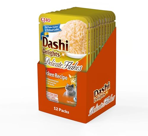 INABA Dashi Delights Delicate Flakes, Wet Food for Cats with Chicken, Flakes in Fish Broth, Rich in Protein, Natural Ingredients, Value Pack, 12 Packs of 40g