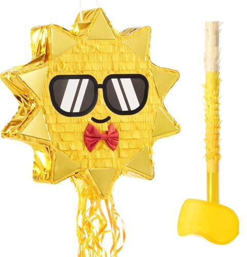 WERNNSAI Sun Pinata - Reversible Smiley Sun Pinata with Blindfold and Stick for Kids Boys Girls Birthday Party Decoration Gender Reveal Supplies Baby Shower