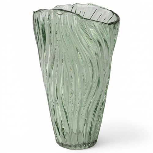 MIJOMA glasvas – blomvas av FSC-återvunnet glas, handgjord – dekorativ vas, 16 x 9 x 25 cm, grön, vågformad design för snygg vardagsrumsdekoration, hållbar och elegant