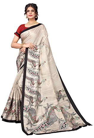 BRACOP® Sari de Bollywood para mujer con pieza de blusa Ropa india Ropa étnica Sari de seda Khadi crema estampado Regalos de Rakhi