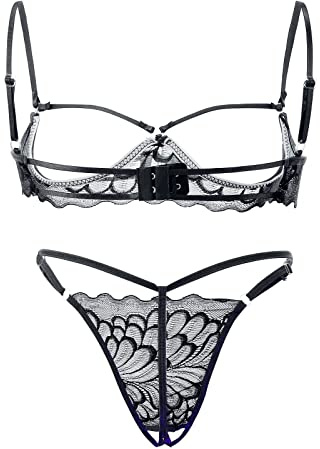 LDZYXY Lingerie Sexydonna Hot Completino Reggiseno Donna Pizzo Trasparente in Cotone Anallergico Aperto Davanti per Schiena Scoperta con Spalline Trasparenti Invisibile Pelle Calze (A3-Nero, S)