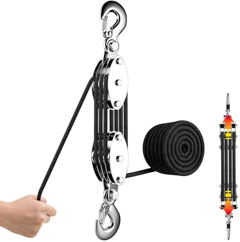 Flaschenzug Arbeitssparender, 2000 kg Max. 8:1 Hubkraft, Schwerlast Flaschenzug mit 20m Nylon Seil und Haken, 270° Drehbar Arbeitssparender Flaschenzug für Jagd, Garagen, Lagerhallen, Schwarz