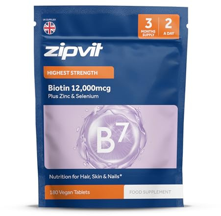 Zipvit Biotin Hair Skin & Nails Complex with Zinc & Selenium 12000mcg, 180 Vegan Tablets, High Strength Biotin for Men and Women, Eco-Friendly Pouch
