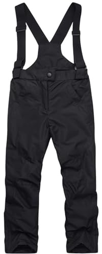 YCBMINGCAN Pantalones de esquí para niños y niñas, pantalones térmicos, impermeables y forrados, pantalones de invierno con cremallera y tirantes para esquí y snowboard, Negro , 14-15 años