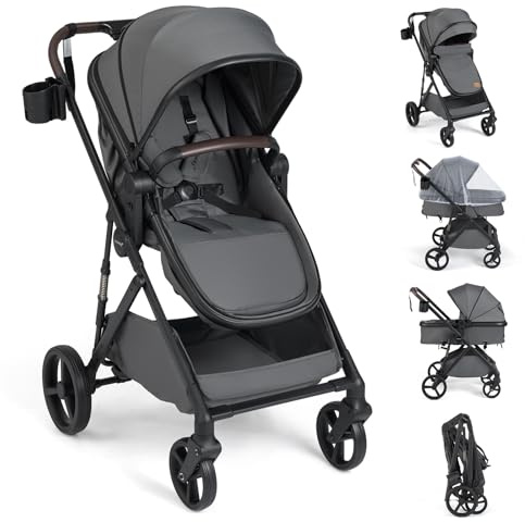 COSTWAY 3 i 1 hopfällbar barnvagn, kombibarnvagn med vändbar sits och liggfunktion, resevagn med justerbart ryggstöd, överdrag och nät, resesystem bärbart för 0–3 år baby (grå)