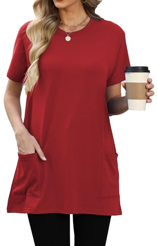 Famulily Long T-Shirt for Women UK Solid Color Loose Fit Tunic Summer Crew Neck Short Sleeve Tee Tops with Pockets S-XXL