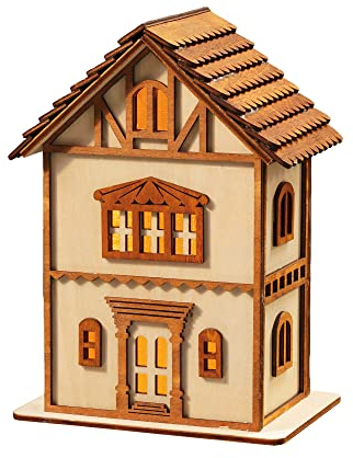 hellum 572292 – decorative Lighting (Wood, Indoor, Warm White) LED Holzhaus, Holzfachwerkhaus, Holz, natur, Weihnachtsdeko, Tischdeko, 4 warm-weiße LED, 20x13x10cm,