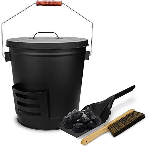 Grisun - Secchio per cenere con coperchio, pala e scopa, 15 litri di carbone per camino, legna da ardere, stufe per interni ed esterni, grande pellet in metallo secchio per cenere