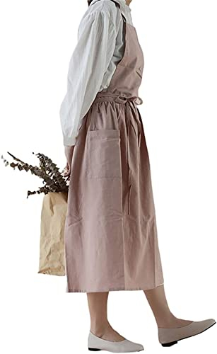 Achsoo Baumwolle Leinen Schürzen Einfarbig Japanischer Stil Kreuz Zurück Schürze mit Tasche Retro Literatur Kunst Blumenladen Kleidung für Damen Herren Küche Kochschürzen (Rosa-A)