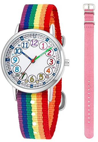 gedaer Kids Analog Quartz Wrist Watch Girls Boys Learning Watch 2pcs Change Interchangeable Textile Strap,Learning Read Time (Rainbow+Pink)