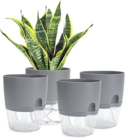 Johotone Self Watering Plant Pots Indoor Plastic Plant Pot Water Storage Modern Decorative Planter for Garden House Plants Flowers Grey 4 Pcs 6 * 7.1 Inch