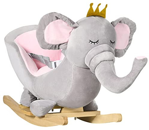Qaba Baby Rocking Horse Elephant Rocking Chair Toddler Rocker Toy with Sound Wooden Base Seat Safety Belt for 1.5-3 Year Old, Gray