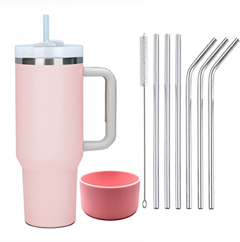 Tazza termica a doppia parete, in acciaio inox, 1200 ml, con manico di aggiornamento, tazza da caffè, tazza da viaggio, tazza termica con cannuccia in acciaio inox e coperchio in silicone, rosa chiaro