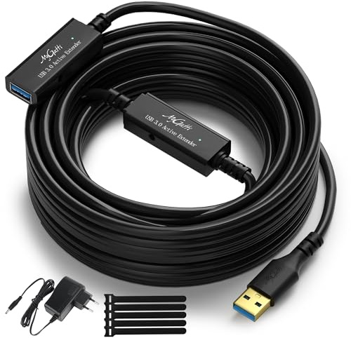 Mygatti 15 m aktiv USB 3.0 hane till hona förlängningskabel, med 2 signalförstärkare och strömförsörjning, kompatibel med bärbara datorer, hårddiskar, VR, med 5 kabelband