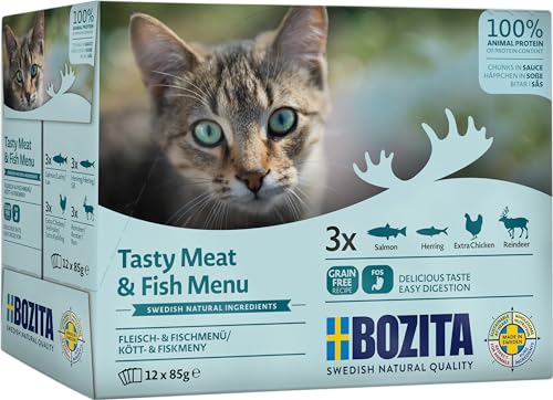 Bozita Nassfutter Häppchen in Sauce mit Fisch und Fleisch - 12x85g Portionsbeutel getreidefreies & weizenfreies Futter - Katzennassfutter für erwachsene Katzen mit 8,5% Protein & 4,5% Fettgehalt