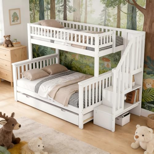 Litera de 90 x 200 cm y 140 x 200 cm, cama con somier (sin colchón), cuna estable y duradera, cama con cajón enrollable y escalera, color blanco