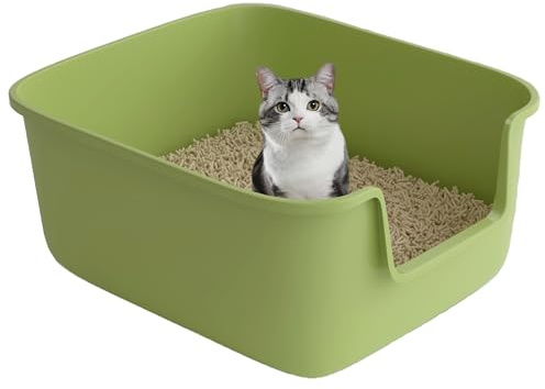 Suhaco High Sided Cat Litter Tray Large Open Top Deep Entry Splash Proof High Sides 49 x 42 x 22 cm Cats Litter Box (Green)