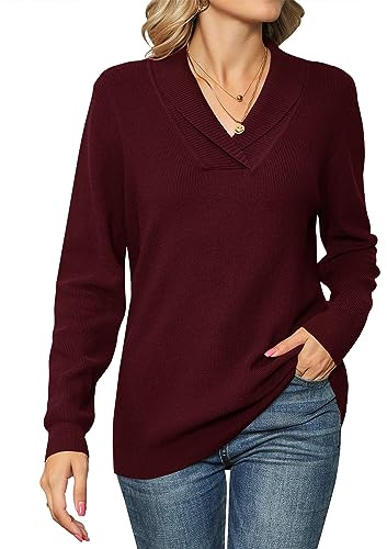 IECCP Women's Jumpers V Neck Long Sleeve Tops Women Solid Color Pullover Lapel Knit Sweater Wine Red M