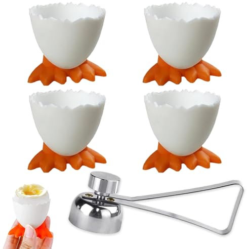 1 Pcs Egg Opener+ 4 Pcs Egg Cup Holder Boiled Egg Holder, Funny Egg Cups, Boiled Egg Cutter, Egg Topper or Soft Boiled Eggs and Raw Boiled Egg Brunch Egg Cups