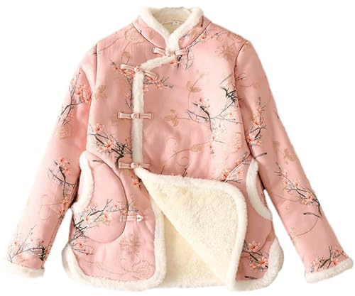 GaoLeAve Chinese style thick plush cotton jacket women cheongsam stand collar embroidery buttoned cotton jacket winter coat PK001 XL