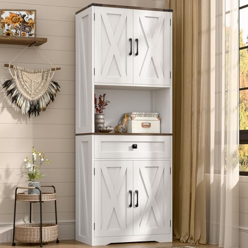 Emirde Tall Kitchen Pantry Storage Cabinet, Farmhouse Storage Cabinet with Organizer, Large Capacity Bathroom Cabinet with Drawer,Freestanding Cupboard for Kitchen, Dining Room, White