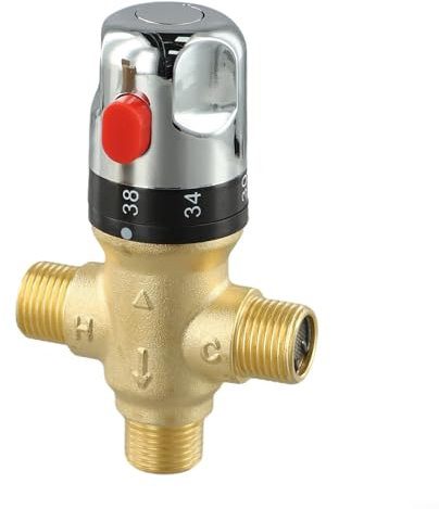 Alanmoship Válvula mezcladora termostática de 1/2 pulgada, 15 mm, control de temperatura del agua de latón, 35-45 °C, botón de seguridad ajustable para baño y cocina