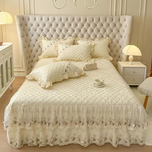 Homxi Boxspringbett Spannbettlaken,150 x 200 cm,Matratzenschoner Samt Blätter Muster mit Bestickter Spitze Bettlaken mit Einzelbett Gelb Beige