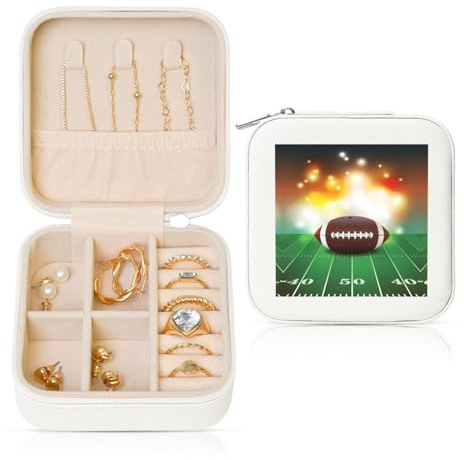 Boîte à bijoux carrée blanche en cuir – Ballon de football américain portable sur herbe – Rangement imprimé sport pour femme, cadeau idéal pour geburtstag et Saint-Valentin