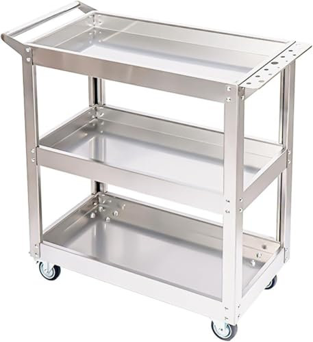 3-Tier Stainless Steel Utility Cart, 990 lbs Heavy Duty Service Cart Rolling Tool Cart on Wheels, Commercial Metal Work Cart for Mechanic Garage Workshop Warehouse,with Handle and Wheels